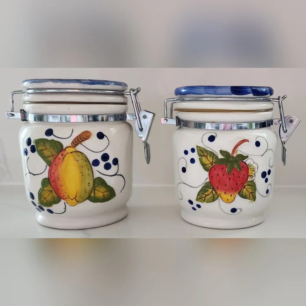 Vintage‎ Ceramic Canisters Fruit Clamp Closure Gaskets Set Of Two